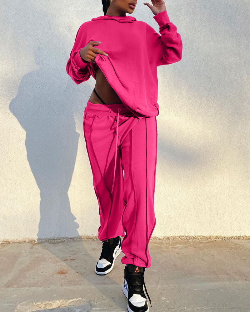 

Long Sleeve Pocket Hoodie & Drawstring Pants Set, Hot pink