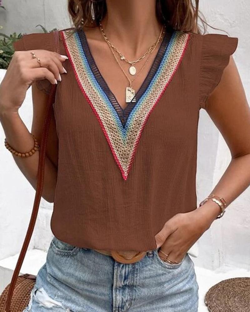 

Contrast Lace Flutter Sleeve Casual Top, Coffee
