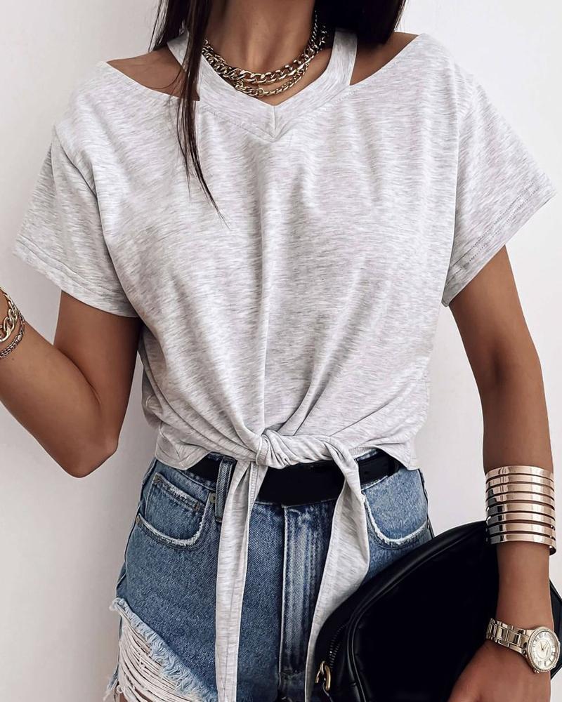 

Plain Cutout Tied Detail Casual T-Shirt, Gray