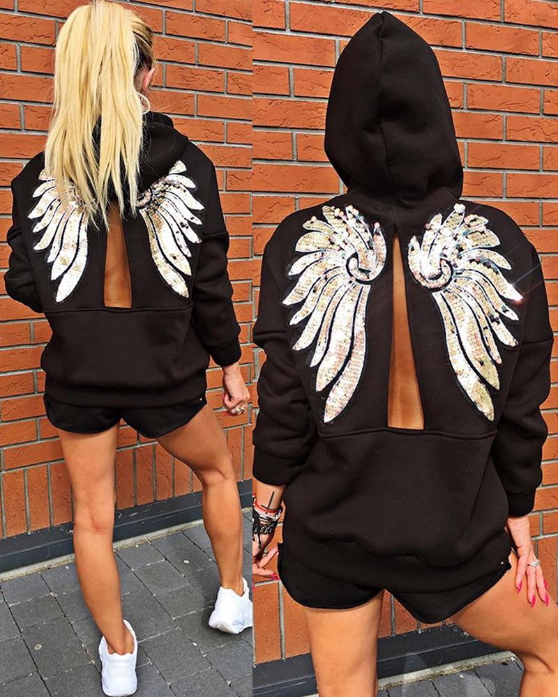 

Sudadera con capucha y estampado de alas de lentejuelas, diseño de bolsillo de canguro, abertura en la espalda, pantalones cortos, chándal, Black