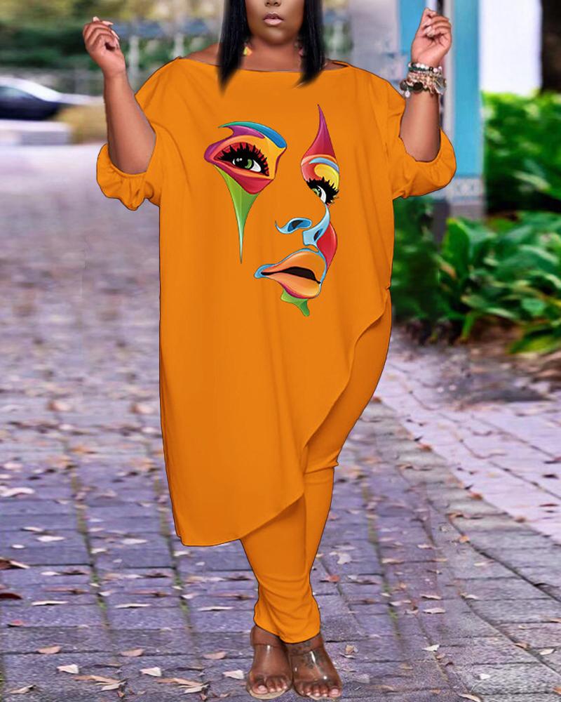

Plus Size Figure Print Asymmetrical Hem Top & Pants Set, Orange