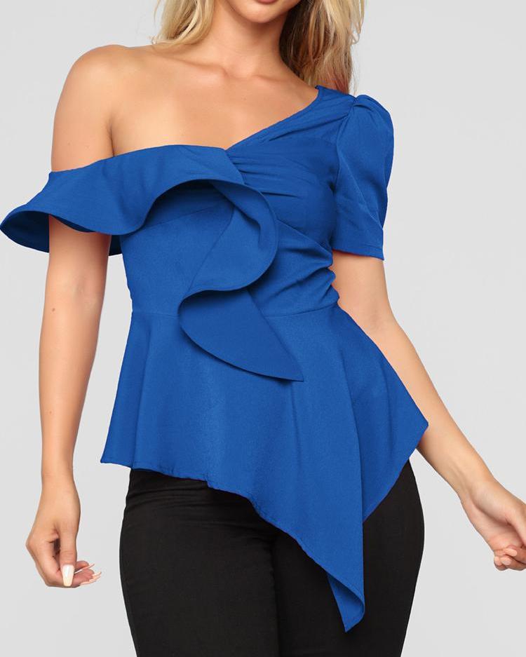 

One Shoulder Ruffles Design Top, Blue