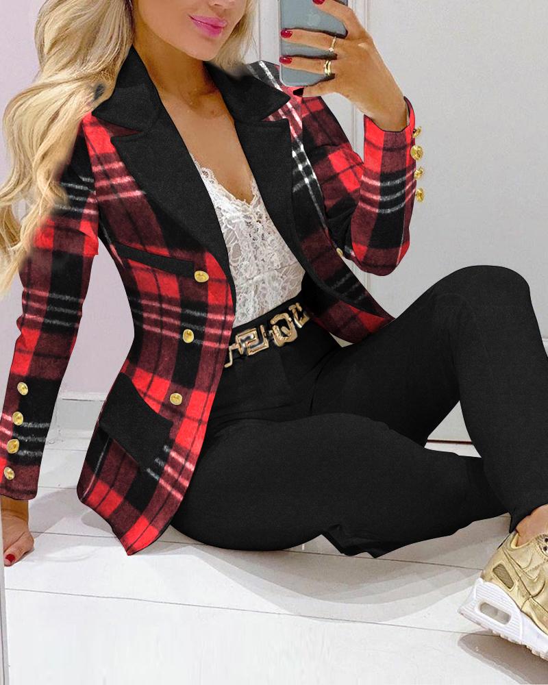

Plaid Print Double Breasted Blazer & Pants Set, Black