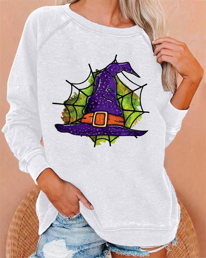 

Plus Size Halloween Graphic Print Long Sleeve Top, White