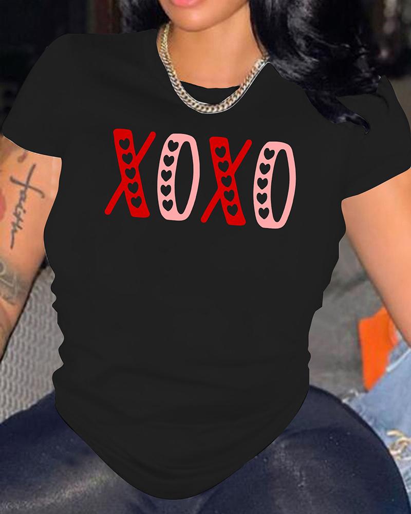 

Valentine's Day Heart Letter Print Short Sleeve T-shirt, Black