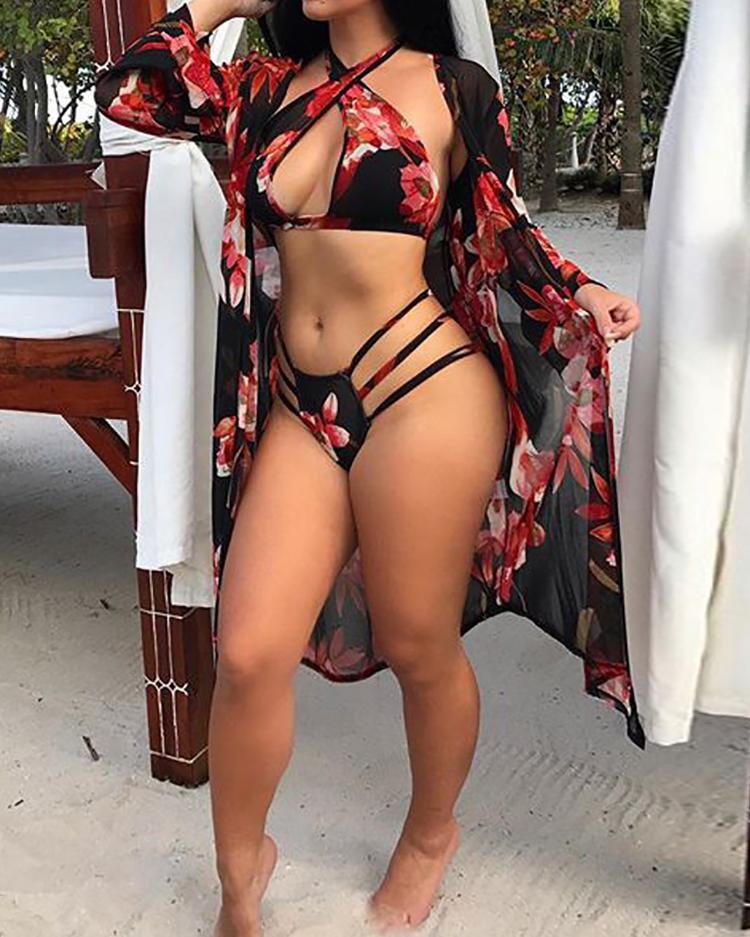 

3PCS Print Halter Bikini Swimsuit Cover Ups, Black