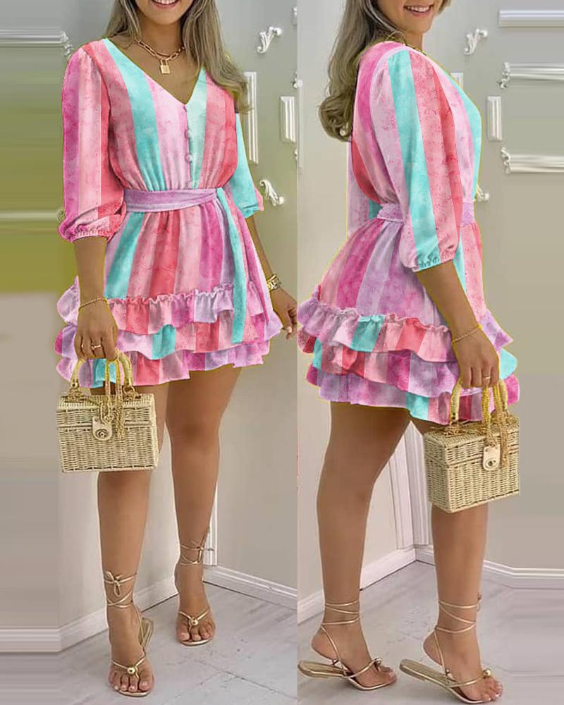 

Striped V-Neck Layered Ruffle Hem A-Line Dress, Pink