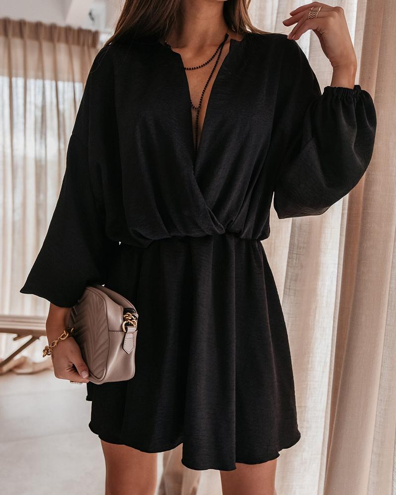 

Lantern Sleeve Plunge Ruched Casual Dress, Black