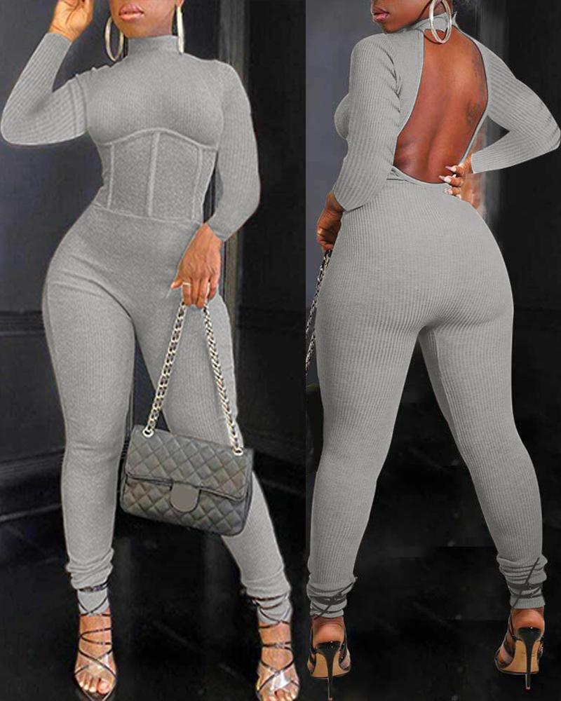 

Ribbed Backless Corset Long Sleeve Jumpsuit, Gray