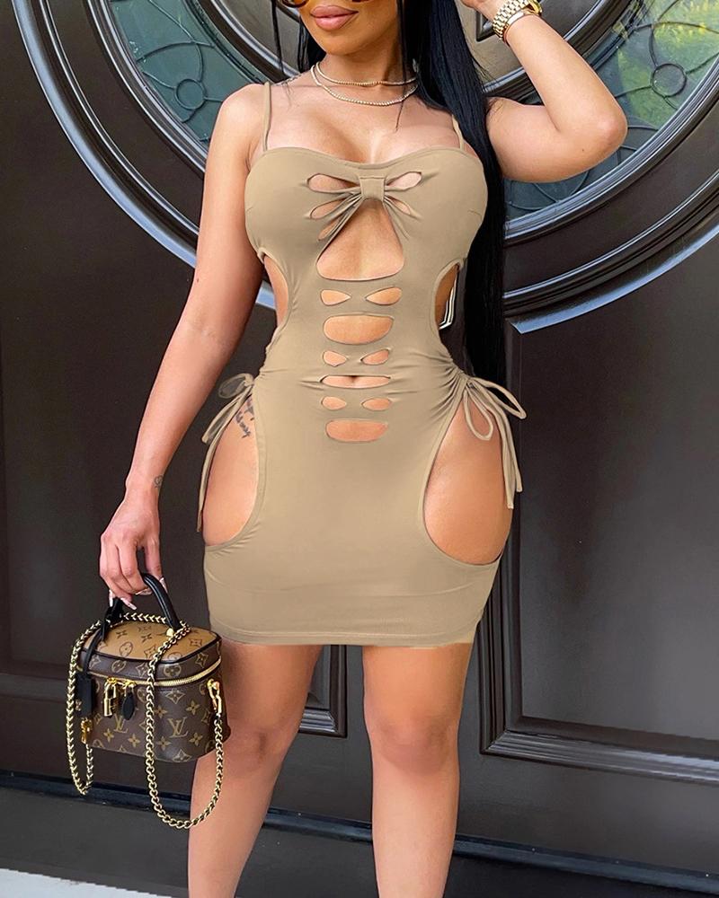 

Cut-Out Drawstring Ruched Bodycon Cami Dress, Brown