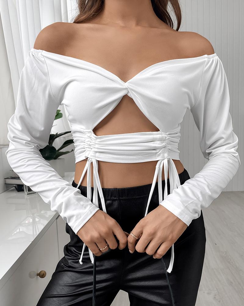 

Off Shoulder Cutout Tie Detail Crop Top, White
