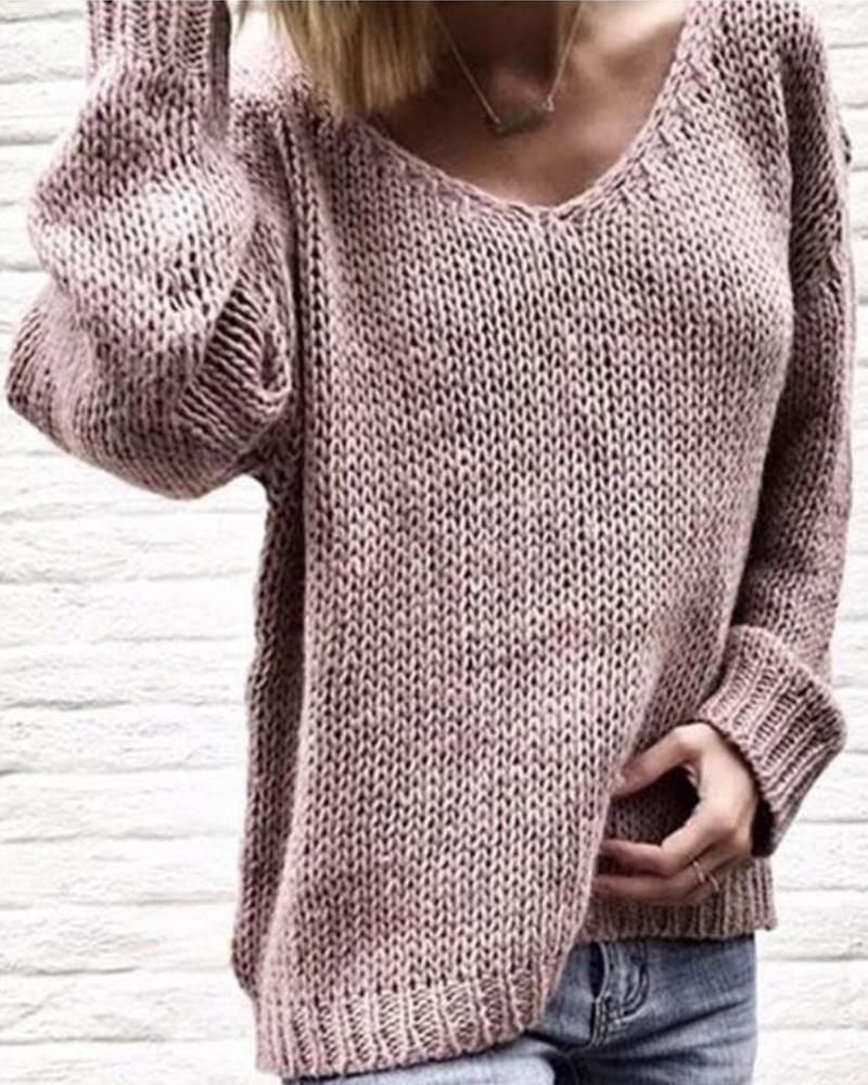 

Plain Long Sleeve Casual Sweater, Pink