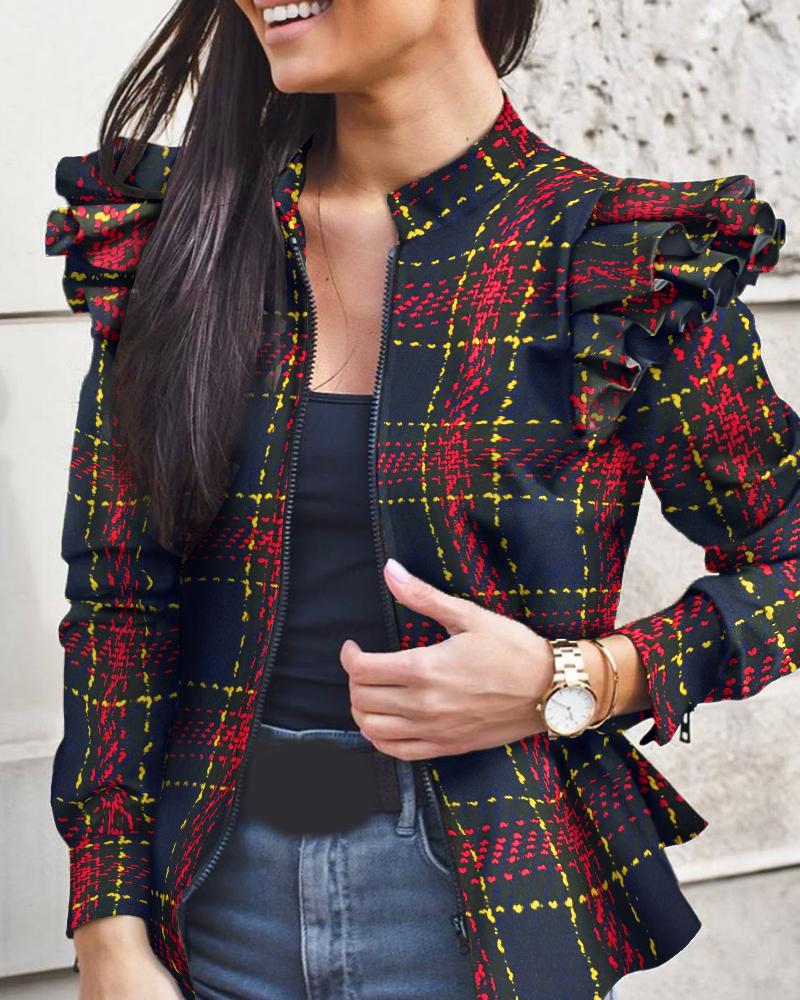 

Check Print Colorblock Ruffles Long Sleeve Jacket, Multicolor