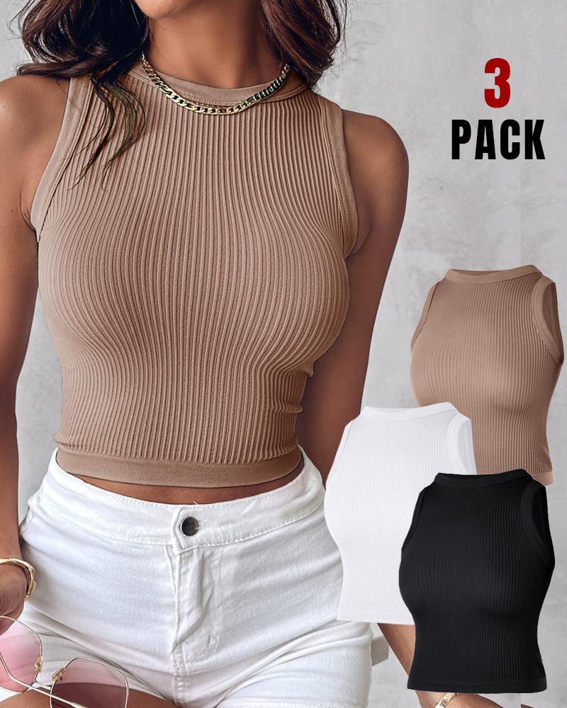 

3-Pack Crew Neck Seamless Rib-Knit Crop Tank Top, Style2