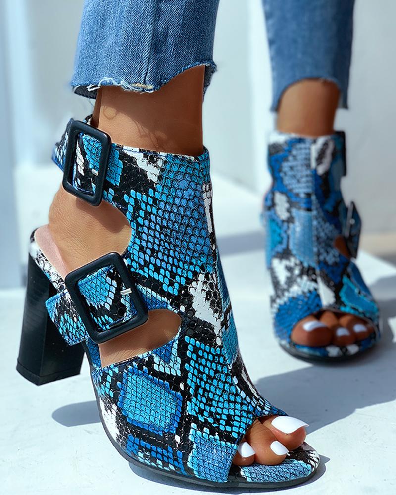 

Snakeskin Print Buckled Chunky Heeled Sandals, Blue