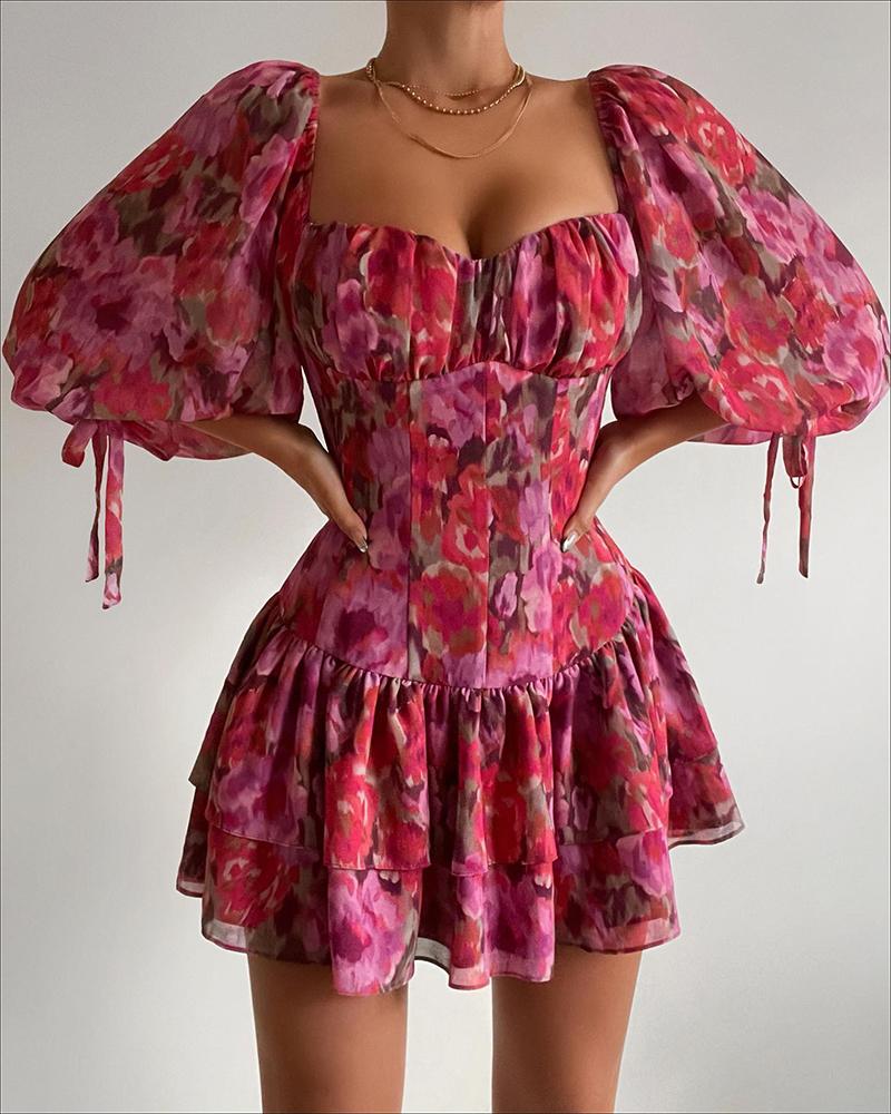 

Floral Print Puff Sleeve Ruffle Hem Dress, Hot pink