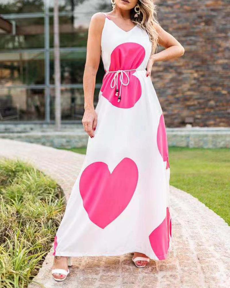 

Heart Print V-Neck Cami Sleeveless Straight Long Dress, White