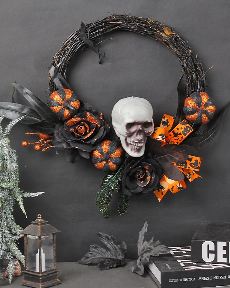 

Halloween Fall Wreath Autumn Harvest Wreaths With Pumpkin Skull Garland Front Door Thanksgiving Festival Decoration Ornaments, Black