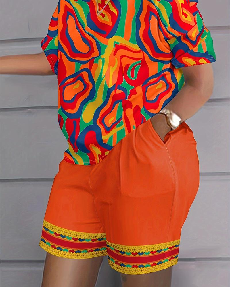 

Plus Size Multi-Color Abstract Heart Print Top & Shorts Set, Orange
