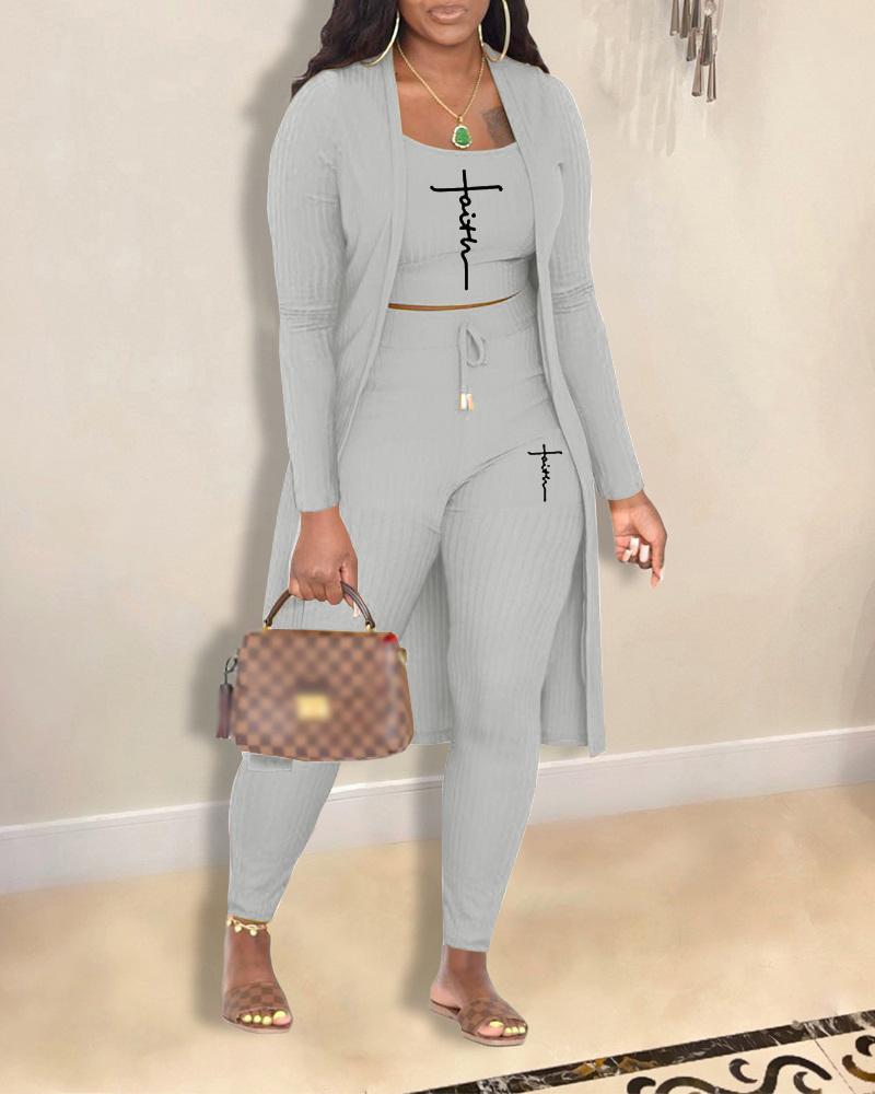 

Plus Size Faith Print Cami Top & Pants Set With Coat, Gray