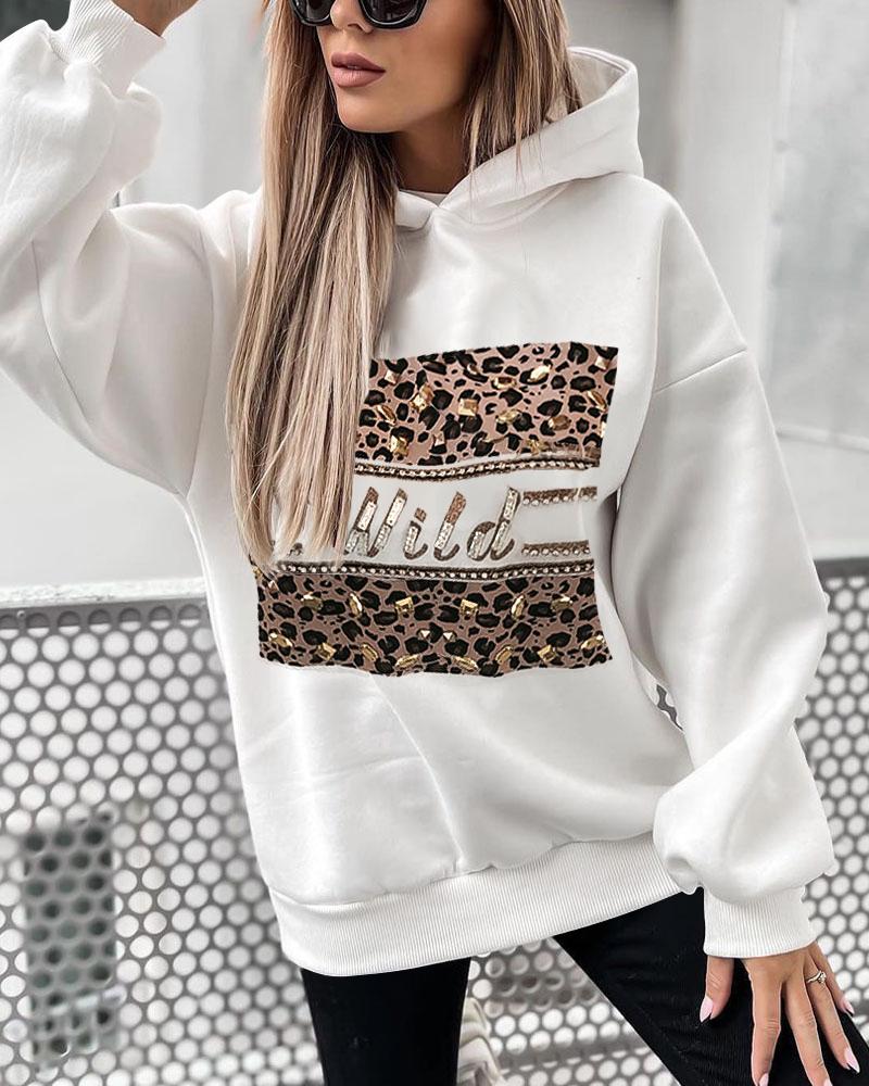 

Letter Leopard Print Drop Shoulder Hoodie, White