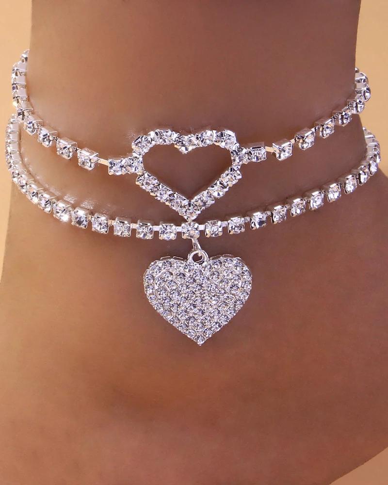 

2PCS/Set Rhinestone Heart Chain Beach Anklet, Silver