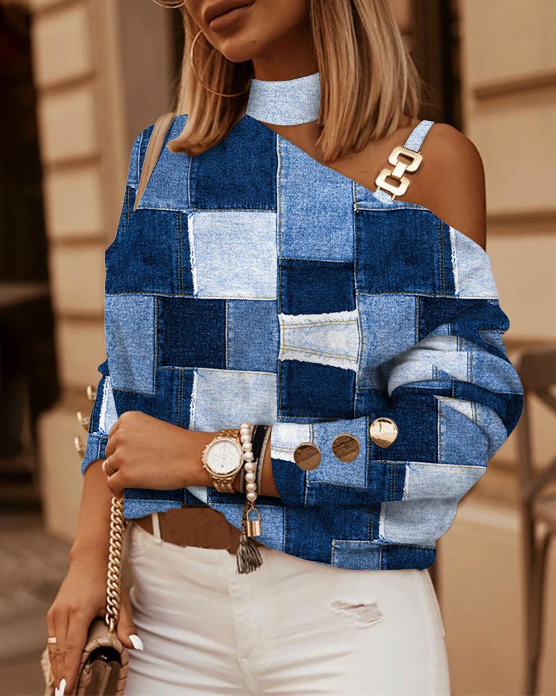 

Denim Look Print Chain Decor Buttoned Top, Blue