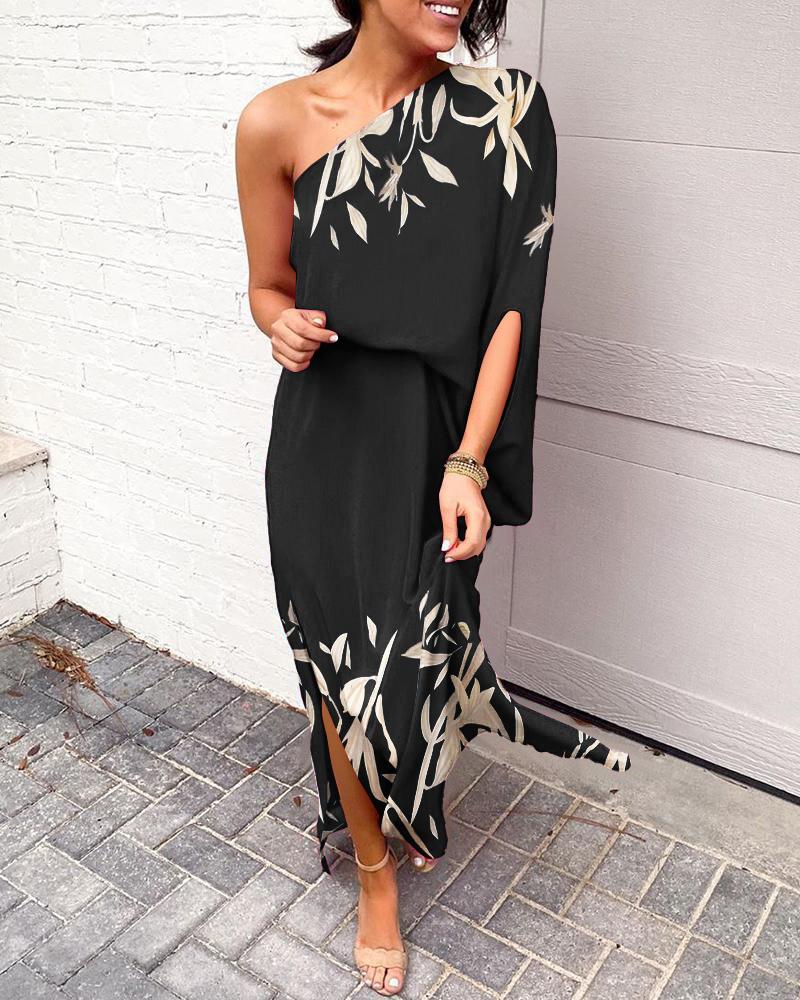 

Plants Print One Shoulder Split Hem Maxi Dress, Black