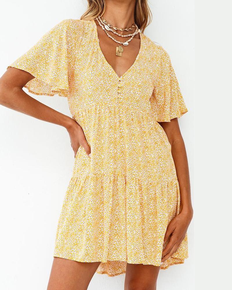 

Floral Print Short Sleeve Ruffles Buckle Loose Mini Dress, Yellow