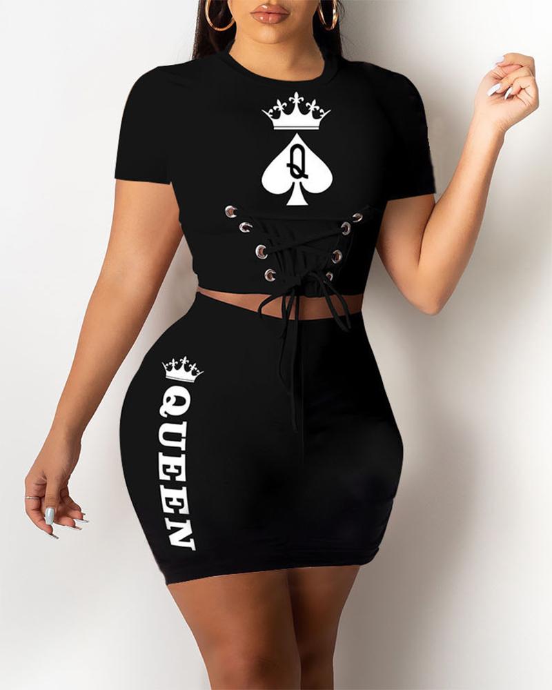 

Poker Print Grommet Eyelet Lace-up Crop Top & Skirt Set, Black