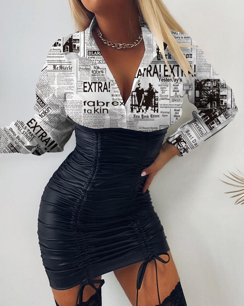 

Newspaper Print PU Leather Patch Bodycon Dress, White