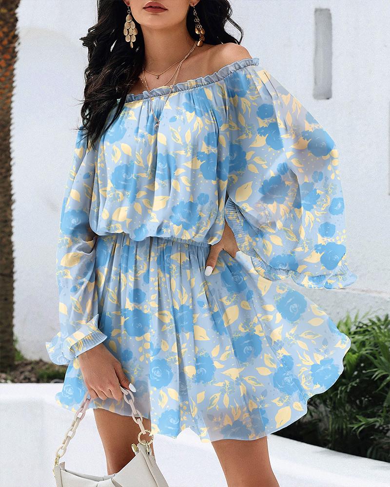 

Floral Print Off Shoulder Ruched Bell Sleeve Tight Waist Dress, Blue