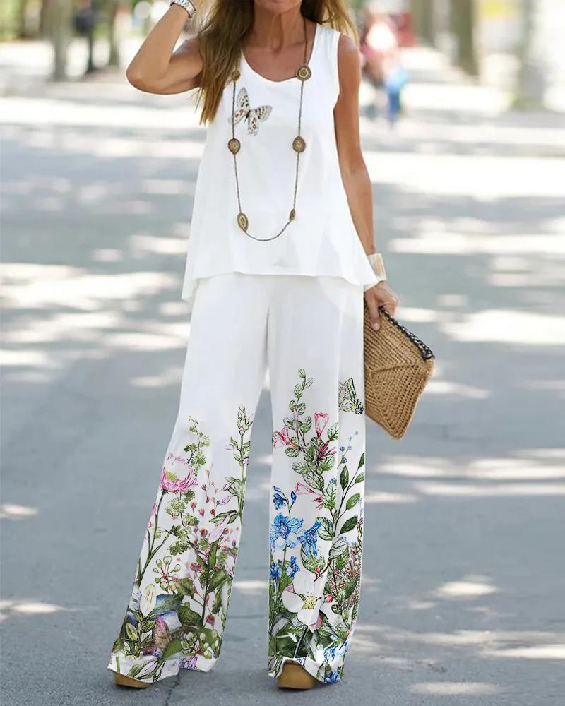 

Butterfly Plants Print Casual Tank Top & Wide Leg Pants Set, White