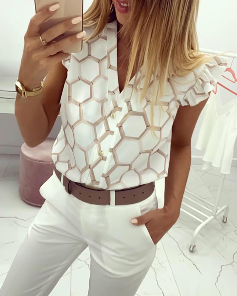 

V-Neck Geo Print Ruffles Casual Shirt, White