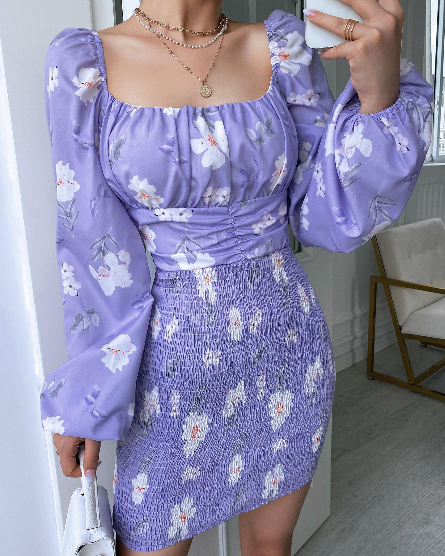 

Lantern Sleeve Floral Print Shirring Dress, Purple