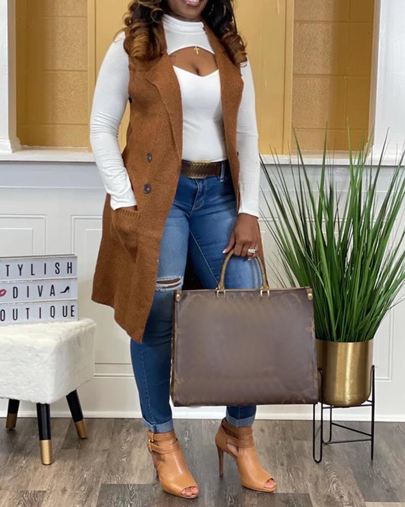 

Double Breasted Patch Pocket Cardigan Vest, Brown