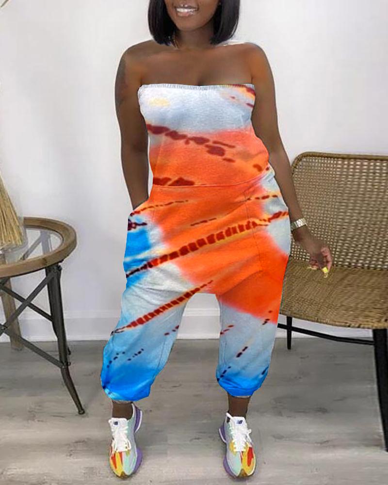 

Bandeau Tie Dye Print Pocket Design Jumpsuit, White