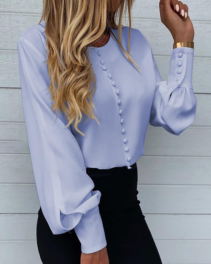 

Plain Button Design Lantern Sleeve Shirt, Blue