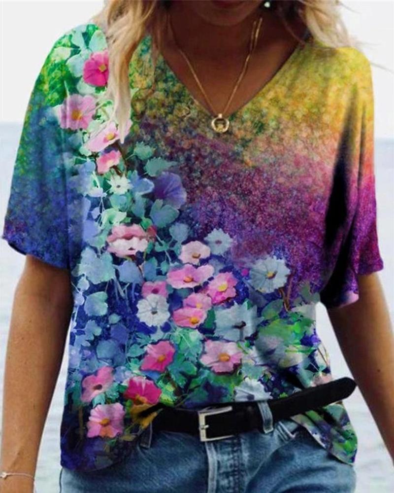 

Floral Graphic Print Short Sleeve T-Shirt, Style1