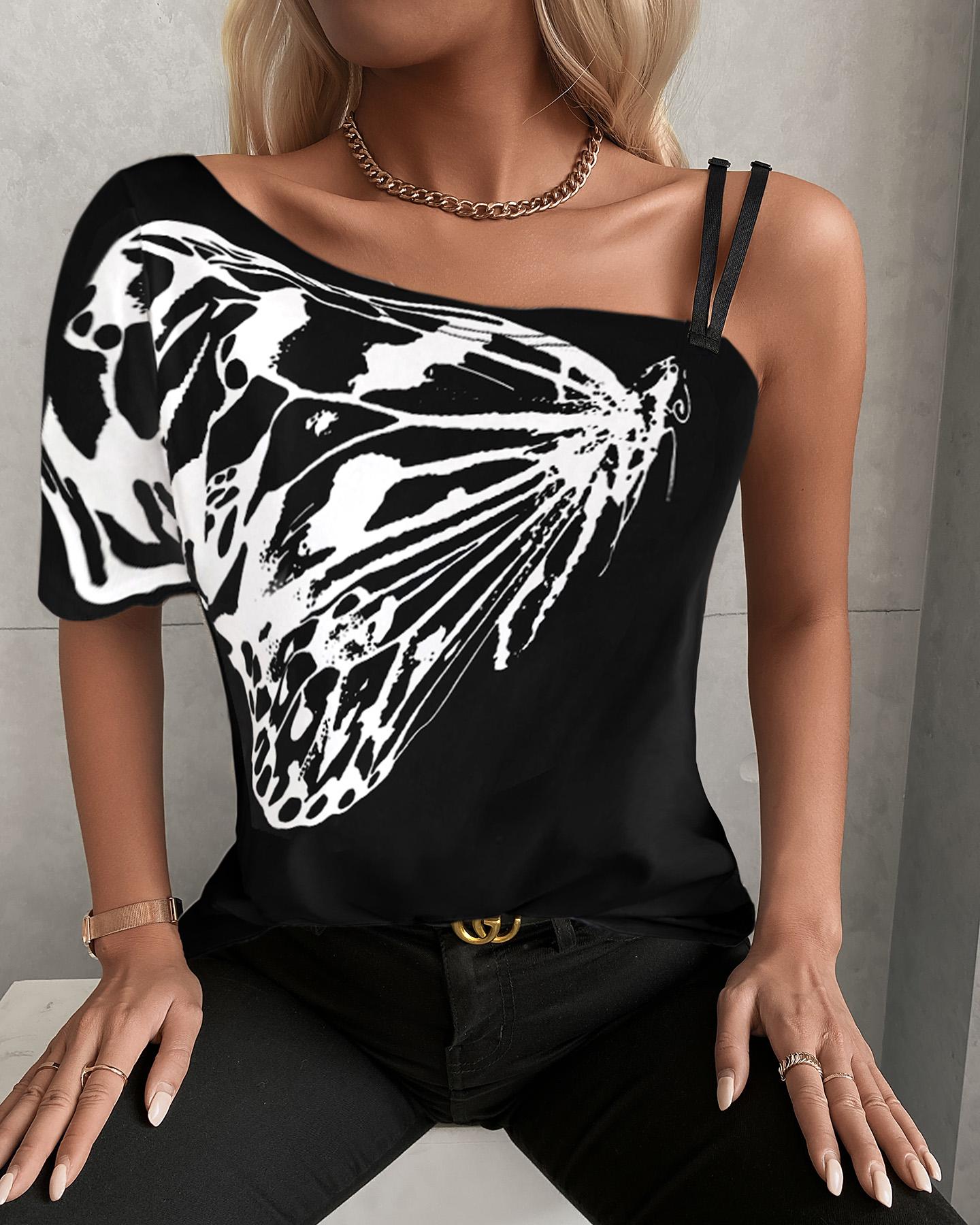 

One Shoulder Butterfly Print Casual T-shirt, Black