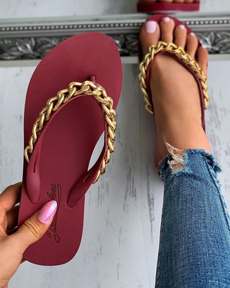 

Chain Decor Casual Filp Flops, Red