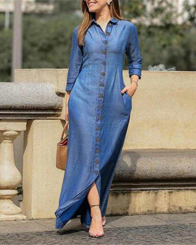 

Long Sleeve Button Down Denim Dress, Blue