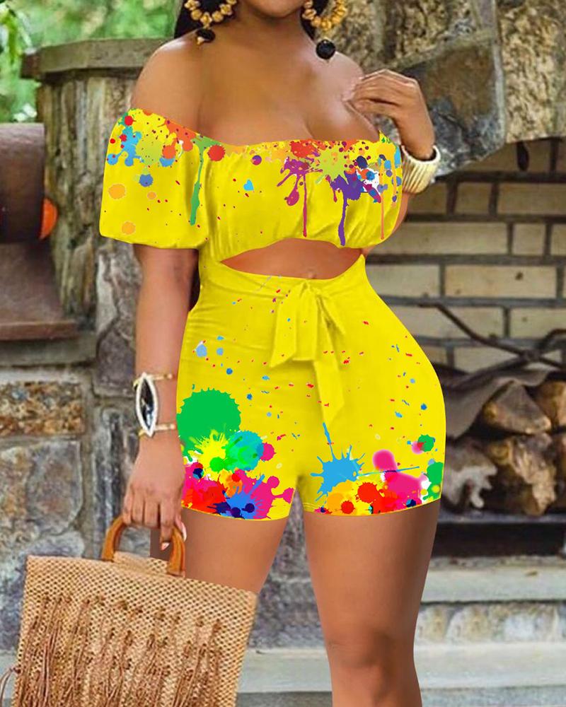 

Ink Splash Off Shoulder Tie Front Cut-out Shirred Romper, Yellow