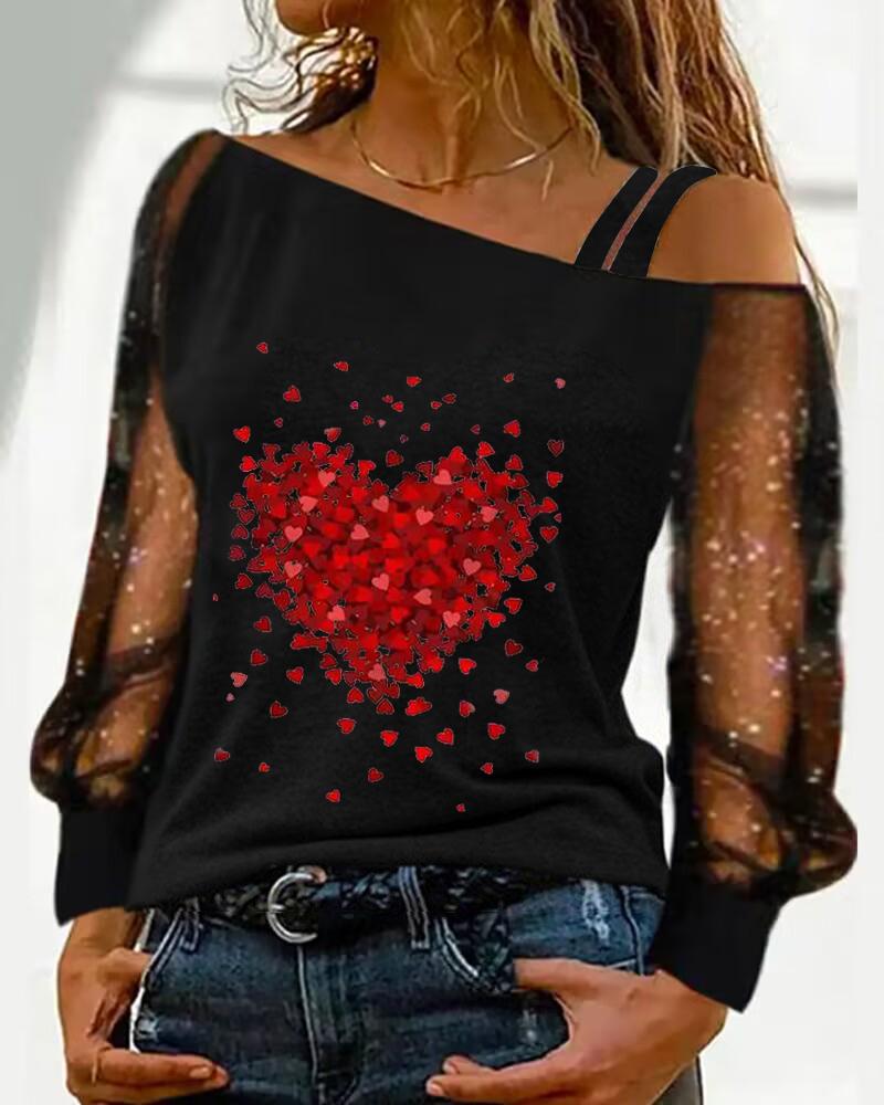 

Valentine' Day Heart Print Contrast Mesh Cold Shoulder Top, Black