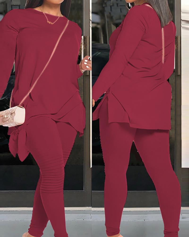 

Knotted Slit Long Sleeve Top & Ruched Pants Set, Wine red