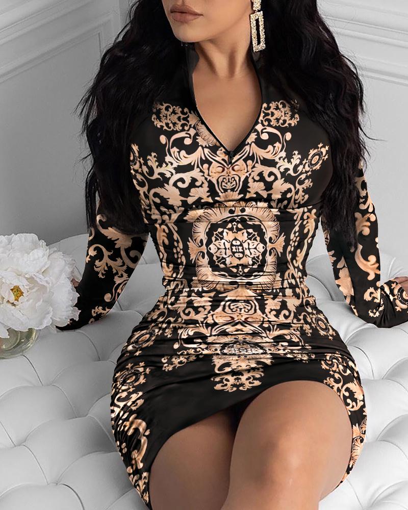

Baroque Print Zipper Detail Long Sleeve Bodycon Dress, Black