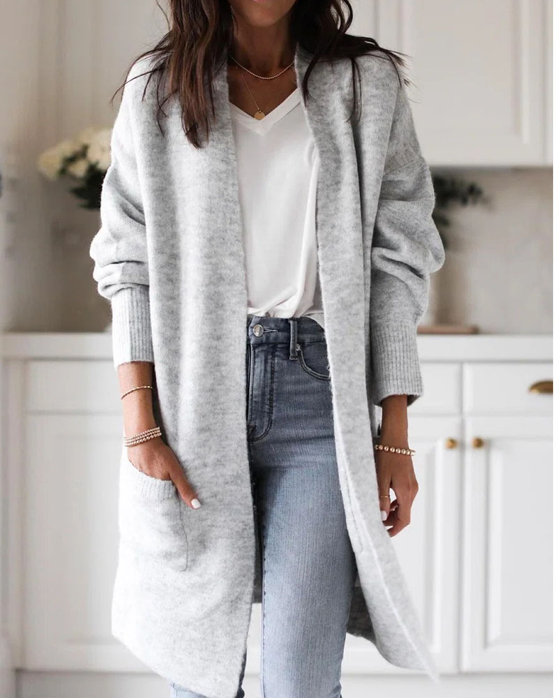 

Pocket Design Open Front Longline Cardigan, Gray