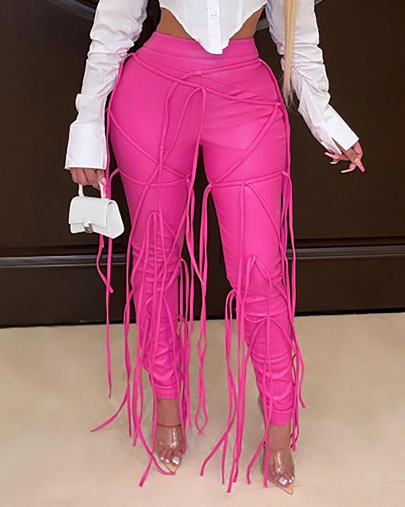 

PU Leather Strap Decor High Waist Skinny Pants, Hot pink