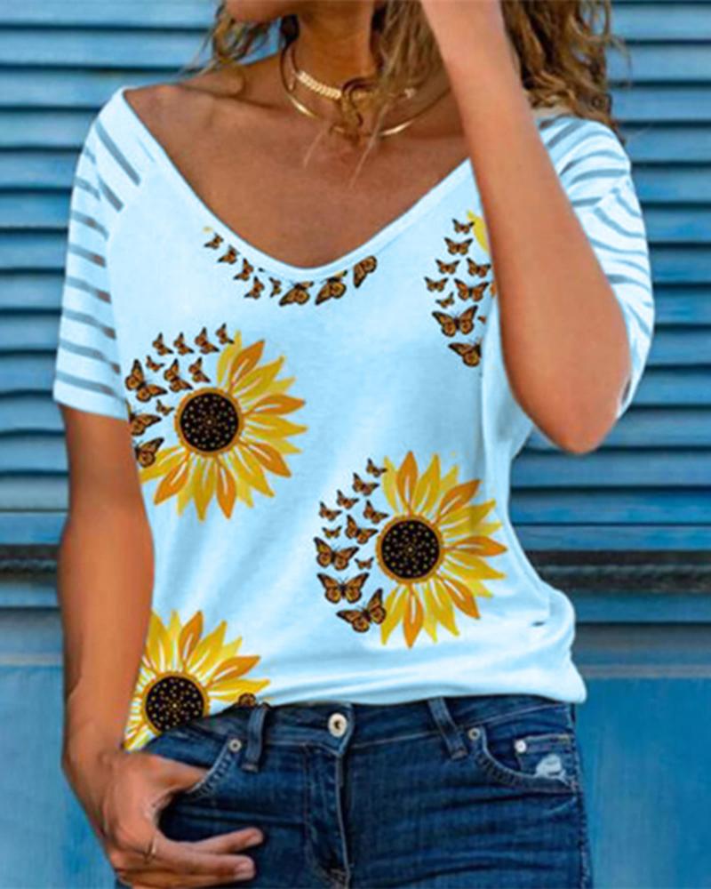 

Sunflower Print Shprt Sleeve Loose T-shirts, Blue