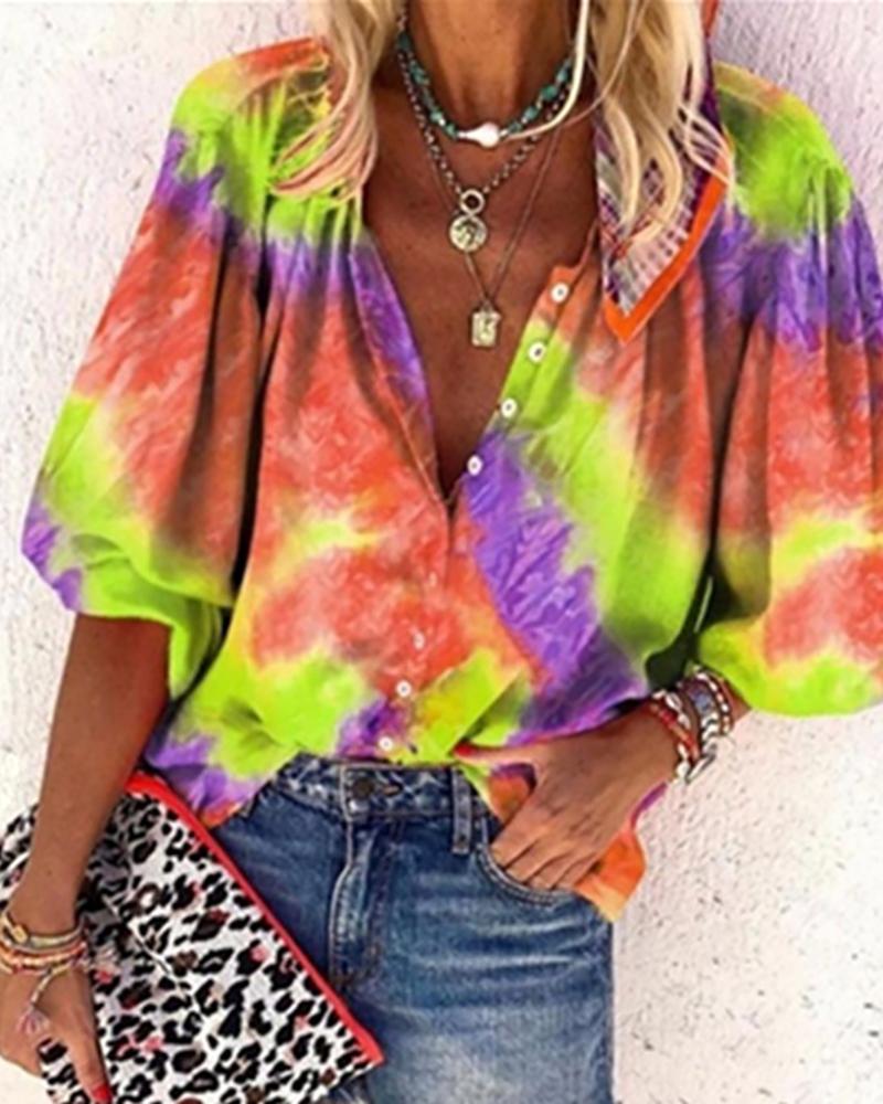 

Colorblock Lantern Sleeve Button Design Shirt, Yellow